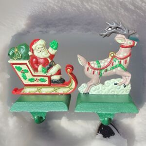 Midwest Santa & Reindeer Christmas Stocking Holder Cast Iron Vtg Hanger Set Of 2